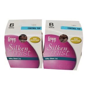 L'eggs Silken Mist Sheer Leg Run Resistant Control Top Nude‎ Size B Lot of 2 New